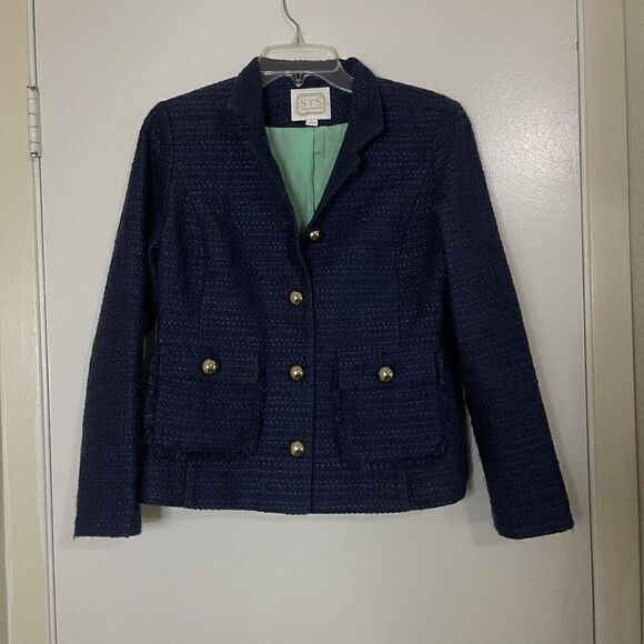 SAIL TO SABLE blue knit tweed button down cropped jacket size Medium - Picture 1 of 5